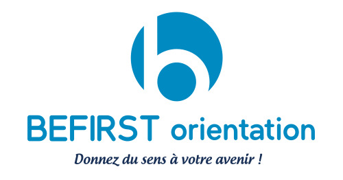 logo blanc et bleu avec slogan - befirst orientation - orientation scolaire et professionnelle - manosque - digne - gap - 04